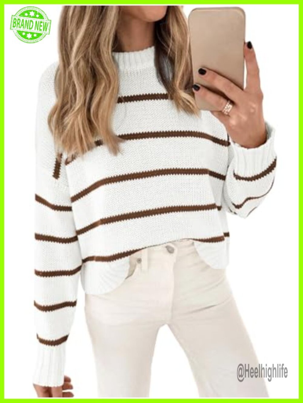 100% Cotton Striped Cropped Sweater Pullover Crew Neck Ribbed